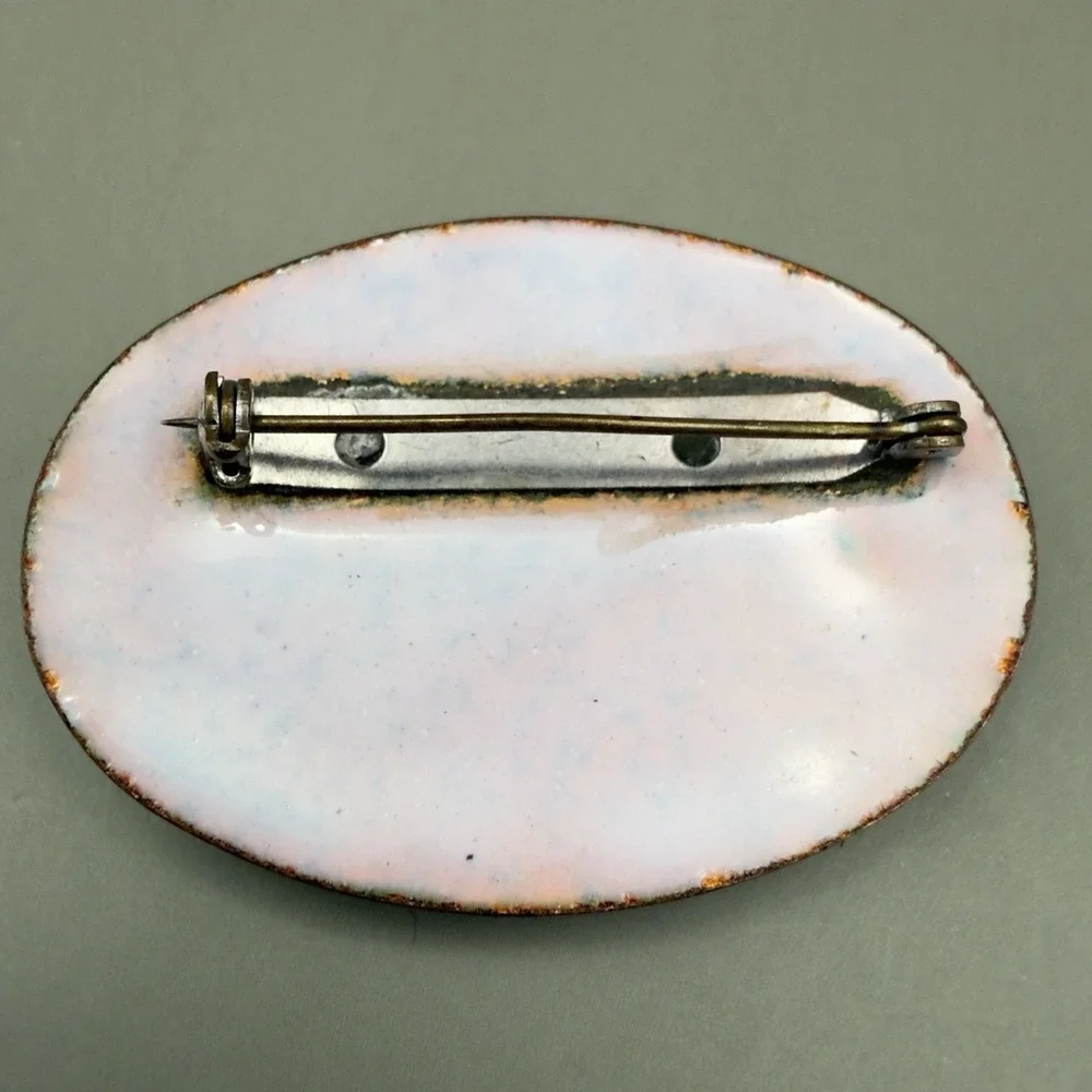 Vintage Oval Enamel Brooch Multi Color Glass Cabochons Gold Flake Art Glass 2.25
